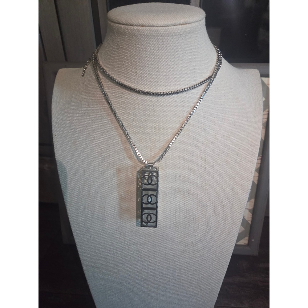 Silver Tone Geometric Cage Pendant Necklace Interlocking Logo Curb Chain